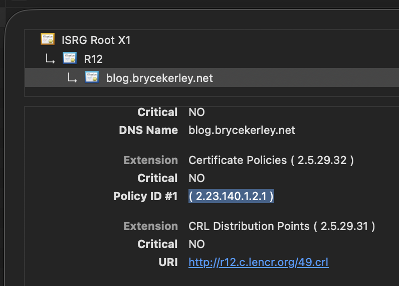 the "Certificate Policies" section of the `blog.brycekerley.net` cert