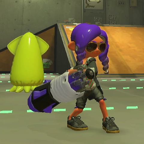 an octoling holding a gatling gun evoking a ballpoint pen with multiple cartridges