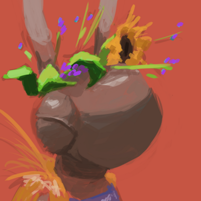 a painting of a bee from neck up, with eyes closed, wearing flowers on their head